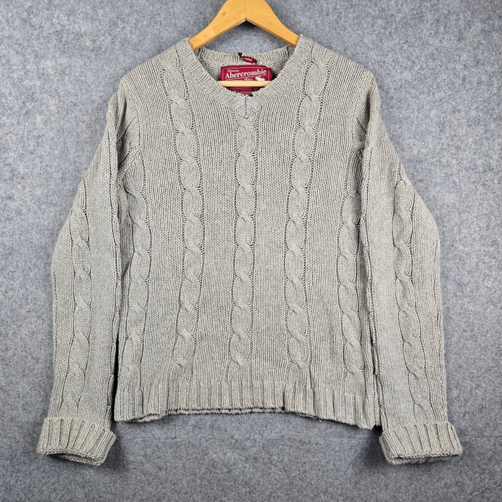 Vintage Abercrombie & Fitch Muscle Cable Knit Sweater Mens Medium Beige Wool Y2K